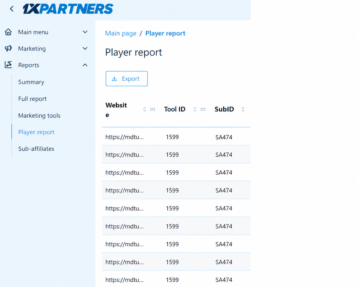 Ilustración de Player report con SA474 en SubID y sin identificadores de jugadores